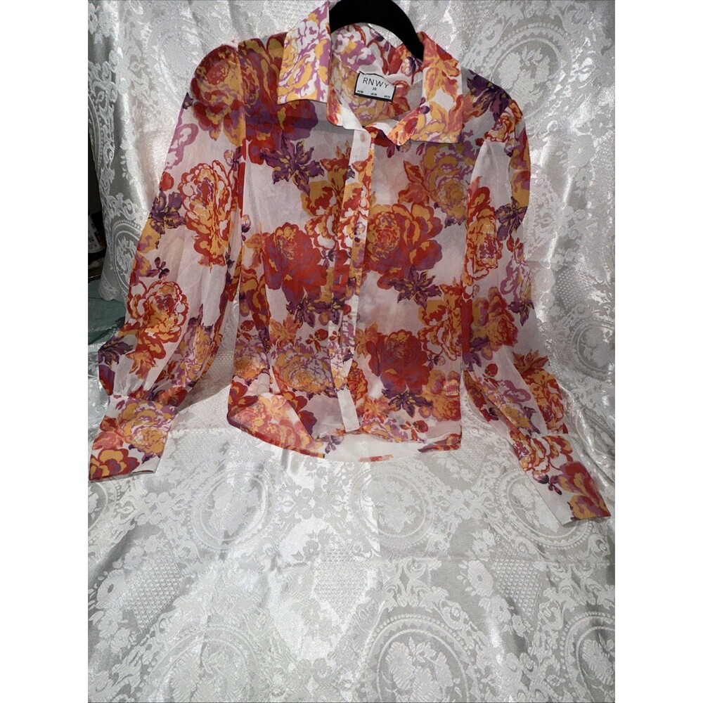 RNWY Womens Top Semi Sheer Floral Balloon Sleeve Button Up Blouse XS